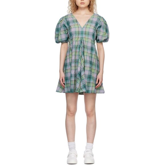 Ganni Puff Sleeve Lagoon Seersucker Check Plaid Mini Dress Preppy Scandi Girl - Picture 8 of 16